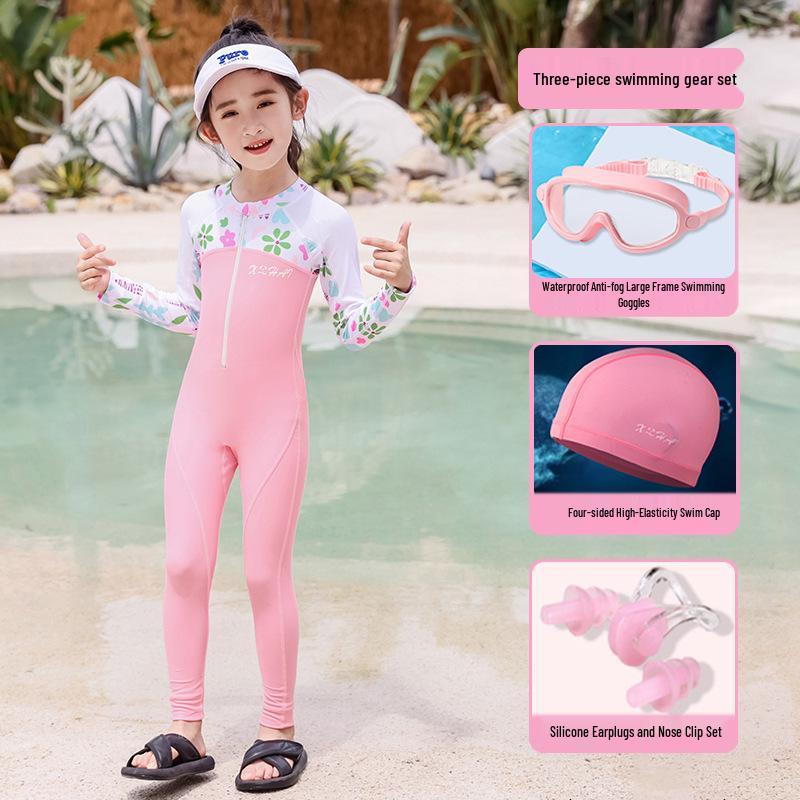 2026 Customizable Girls' Long Sleeve Sun Protection Swimsuit for Surfing & Rafting