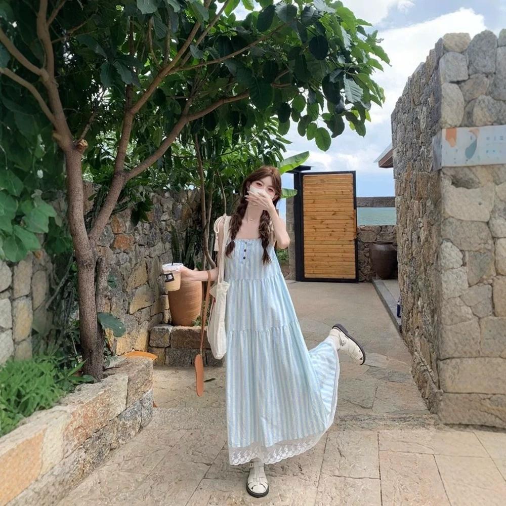 Holiday Style Neck Sling Dress Women's Summer New Retro Loose Outer Wear A Word Big Pendulum Long Skirt Tide