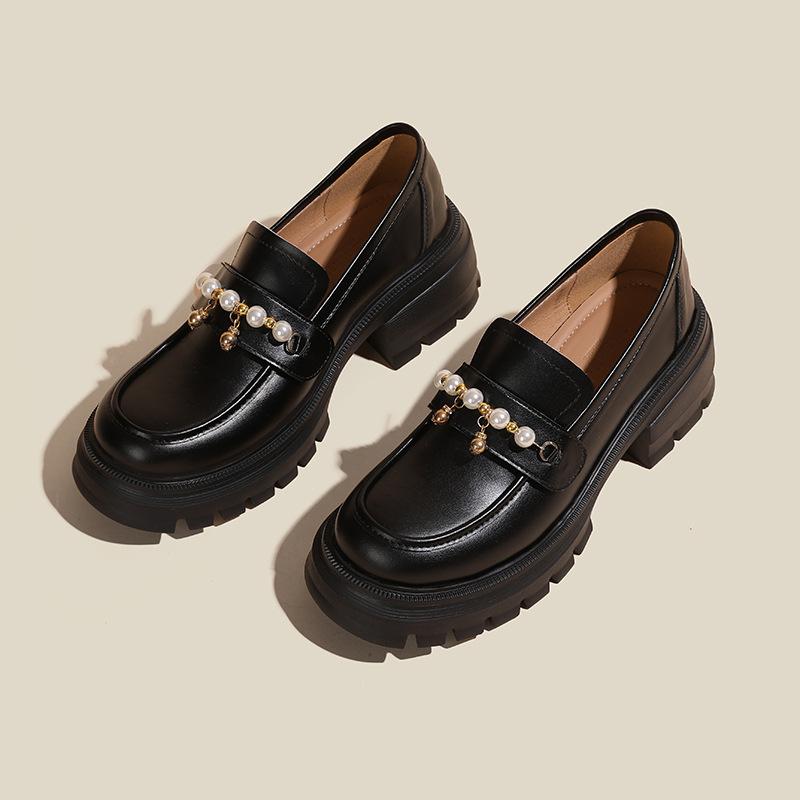 

туфли из маленькой кожи на толстой подошве с пряжкой-фонариком из жемчуга, ветрозащитные черные одинарные туфли 40