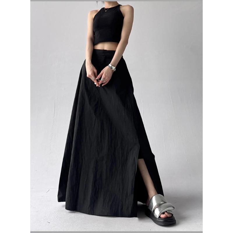 Summer Solid Skirt Women Sweet High Waisted High Street A Line Long Skirts S чёрный