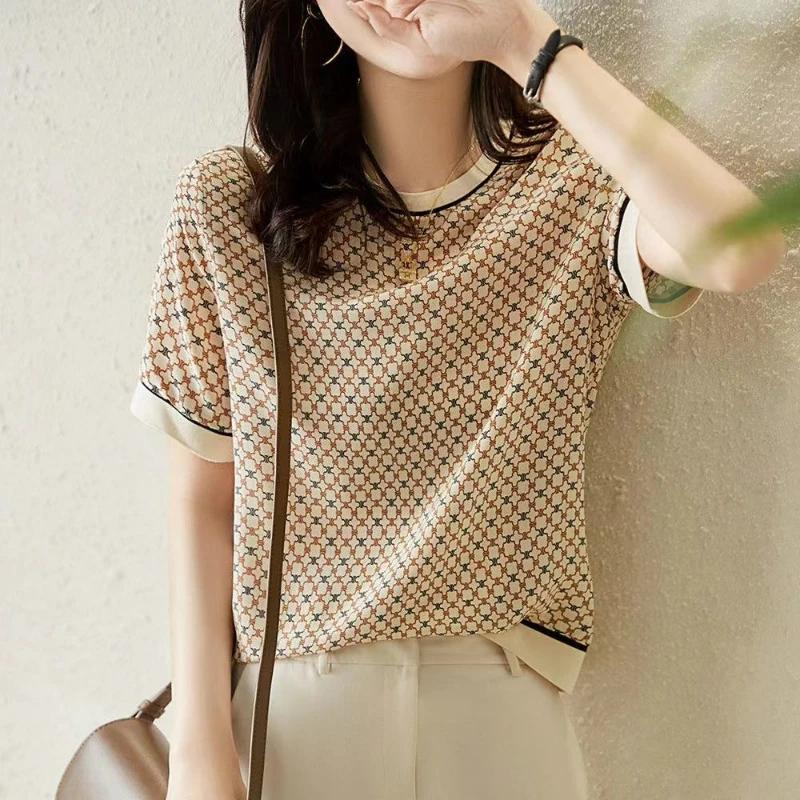 Korean Fashion Women Basic Round Neck Plaid T-shirt Summer Tees Female Clothing Loose Short Sleeved Casual Vintage Tops