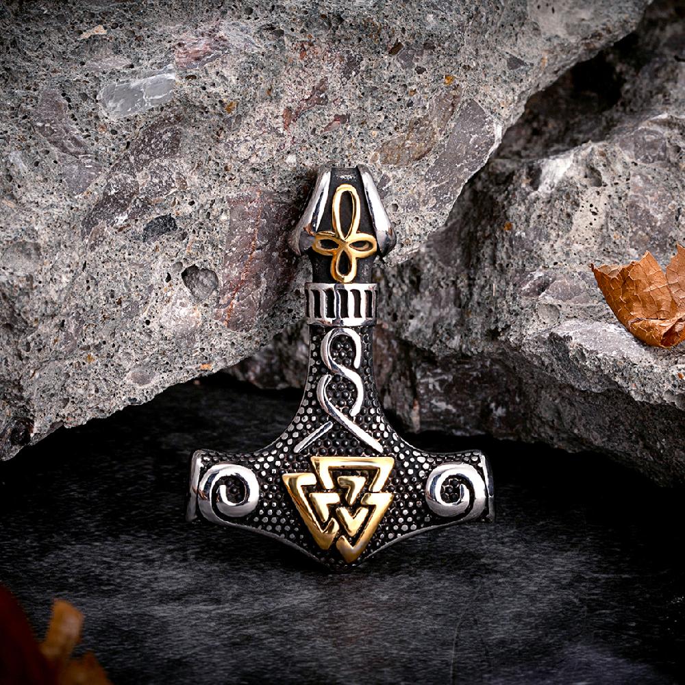 Vikings Thors Hammer Necklace Stainless Steel Double Sided Pendant Norse Amulet Men Vintage Jewelry