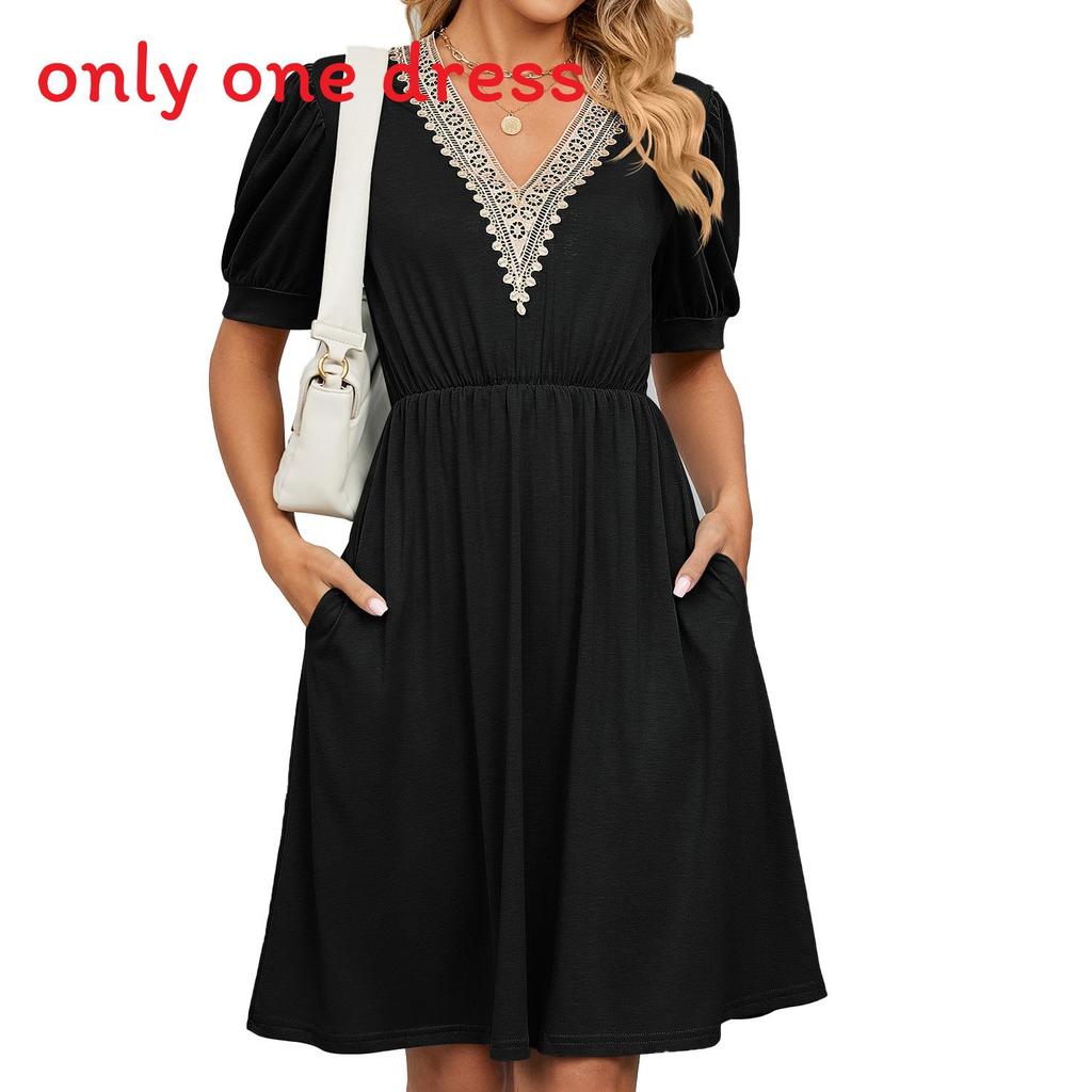 Städtisches Stilkleid mit Taschen und V-Ausschnitt für den Frühling, Freizeitkleidung