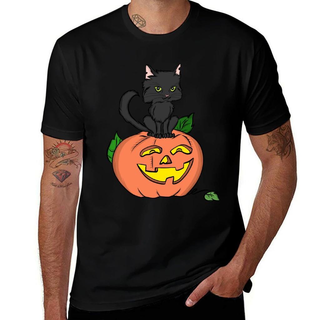 Black Cat Pumpkin Tshirt Art Pattern Printed Casual Top