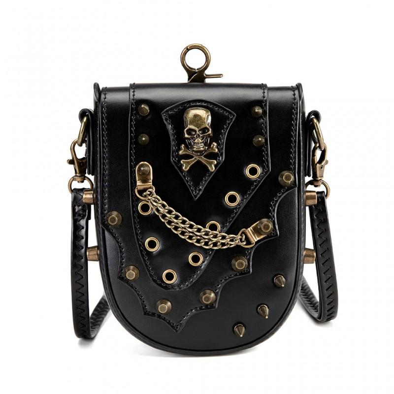 Steampunk Vintage Mini Square Crossbody Bag Women PU Leather Rivet Chain Detail Zip Phone Pocket