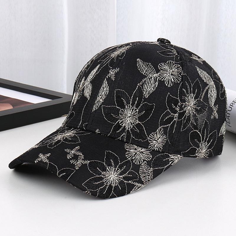 Women'S Summer Breathable Lace Flower Baseball Cap, Polyester Knit Fabric, Stretch Fit, Fashionable Hollow-Out Design