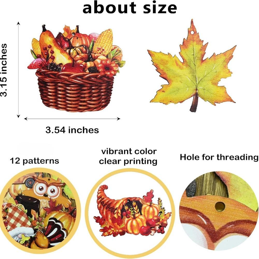12pcs Thanksgiving Fall Wooden Hanging Ornaments Turkey Owl Squirrel Pumpkin Maple Leaf Wood Cutouts Tree Door Window Home Decor