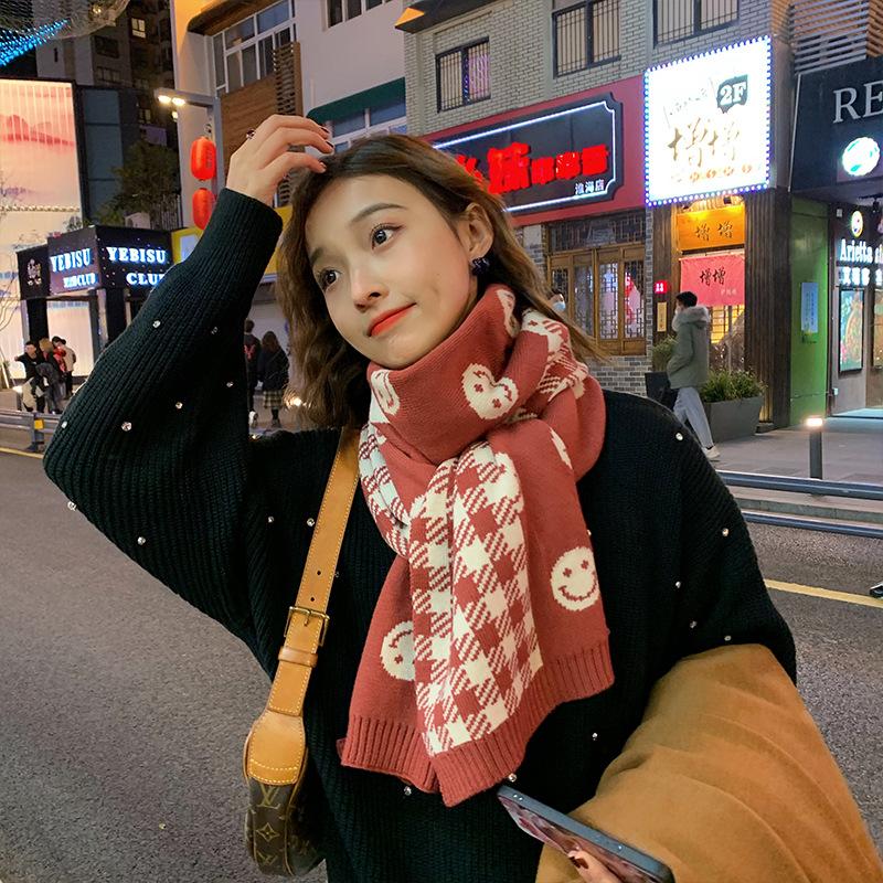 Smiling Plaid Scarf for Women in Autumn and Winter Korean Style Versatile Cute Soft Girl Girl Winter Knitted Woolen Scarf To Keep Warm