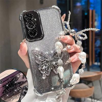 Pearl Bracelet Butterfly Holder Phone Case For Samsung A17 A07 A16 A36 A56 A15 A25 A35 A55 A14 A34 A54 Glitter Shockproof Cover
