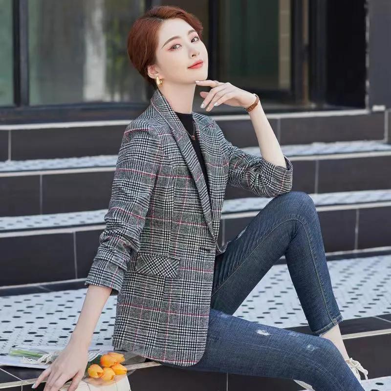 Women's Spring and Fall Slim Casual Plaid Blazer
