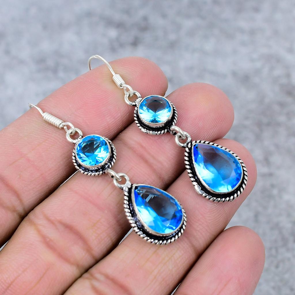 Tanzanite Quartz Gemstone Handmade 925 Sterling Silver Earring 2.56" M-344