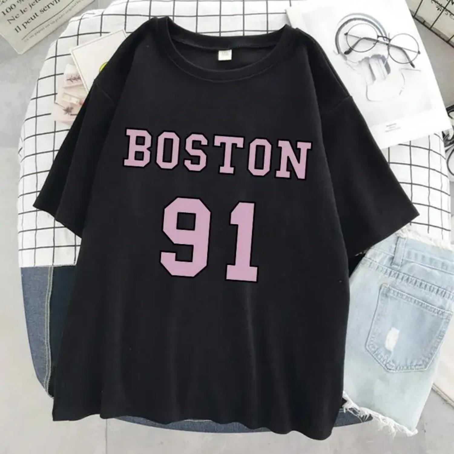 

Boston 91 Letter Print Women T Shirt Street Fashion Personality Tshirt Summer Breathable Tee Shirt Casual Cool T-Shirts Female S чёрный