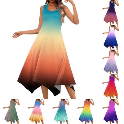 Vestido midi feminino casual moda gola redonda sem mangas com bainha irregular