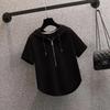 T-shirt à capuche décontracté pour femme, couleur unie, demi-fermeture éclair, manches courtes