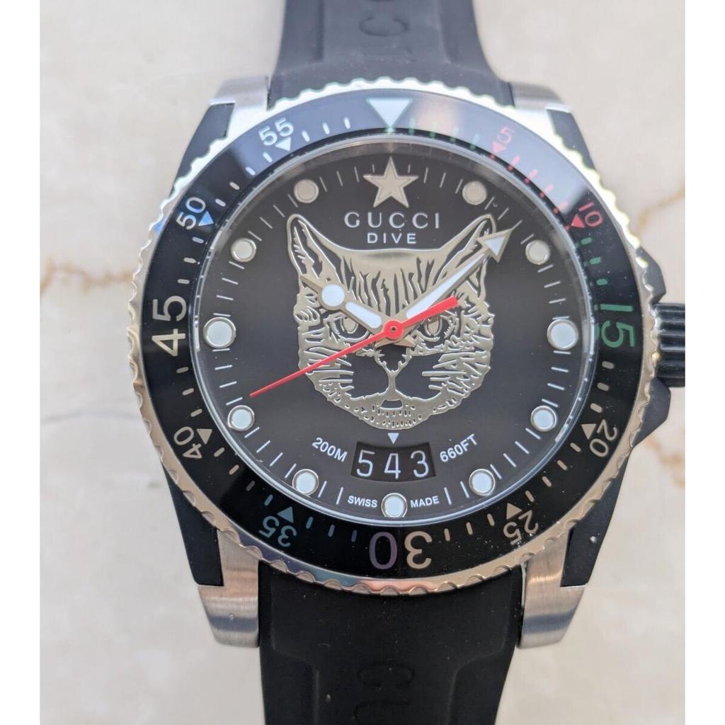 Used New and unused GUCCI watch G Timeless Men's YA136322 Diver's Watch DIVE Cat Black Silver Rubber