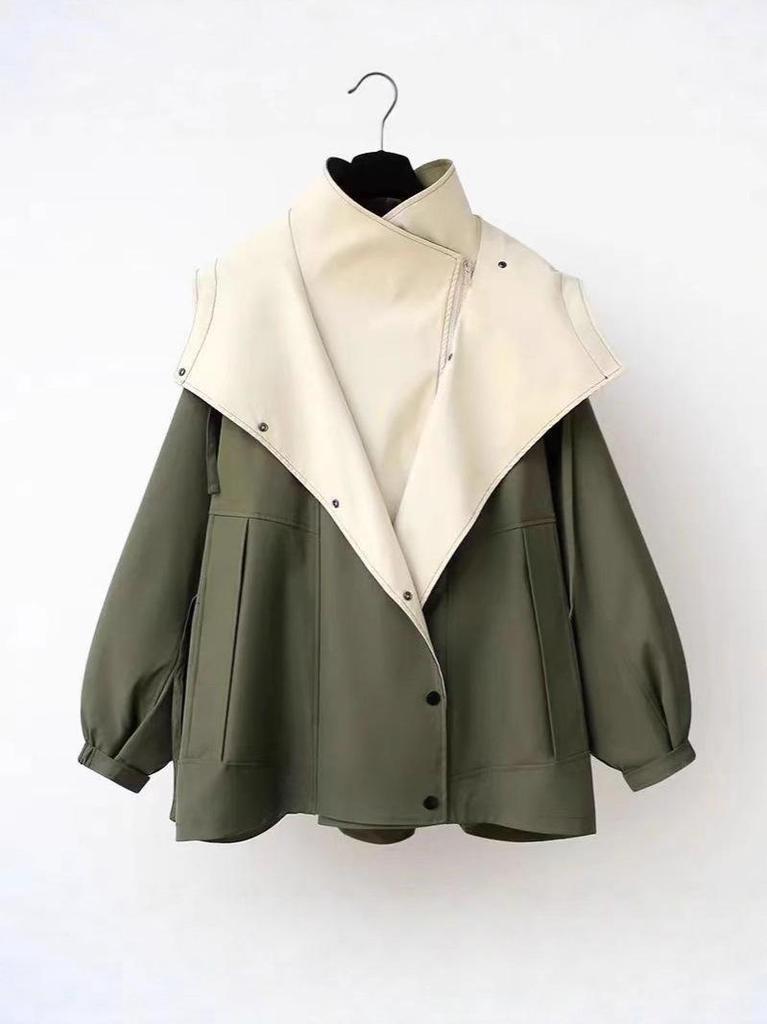 Armee-Grüner Mittellanger Trenchcoat mit Gürtel für Damen - Frühjahrs-/Herbst-Pendler-Oberbekleidung mit Colorblocking