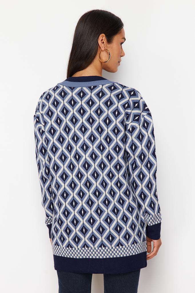 Women's Fashion New Hijab Cardigan Navy Blue Jacquard Button Detailed Knitwear Cardigan