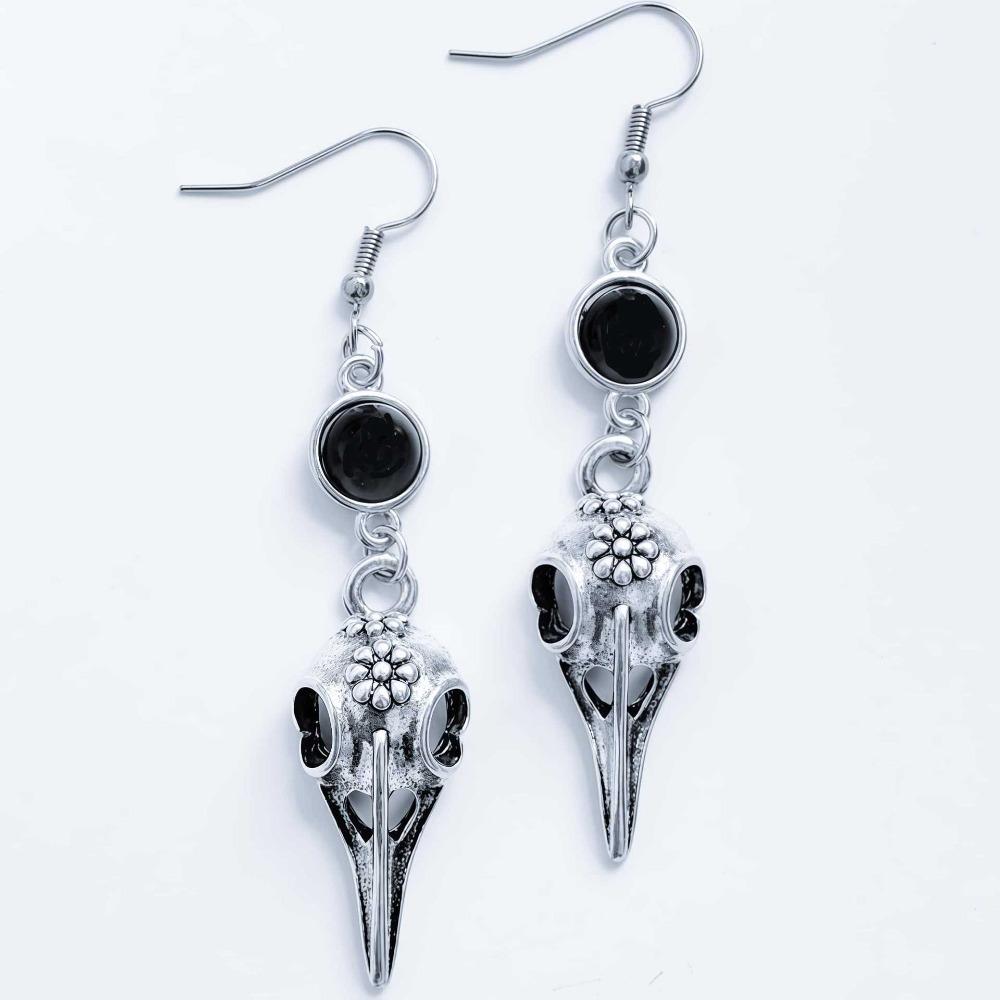 Gothic Punk Red Crystal Vampire Bird Skull Crow Dangle Earrings for Women Hallowmas Party Heathen Wizard Earrings Jewelry Gifts