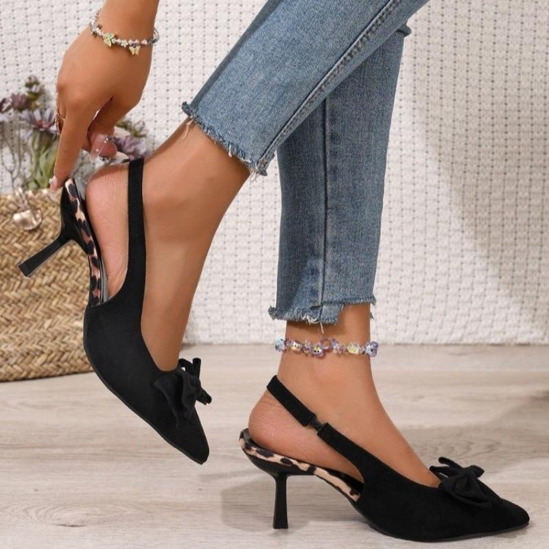 Mode Sexiga Pumps med Stor Rosett och Slingback Dam 2025 Sommar Tunna Höga Klackar Skor Dam Svarta Spetsiga Tå Festskor