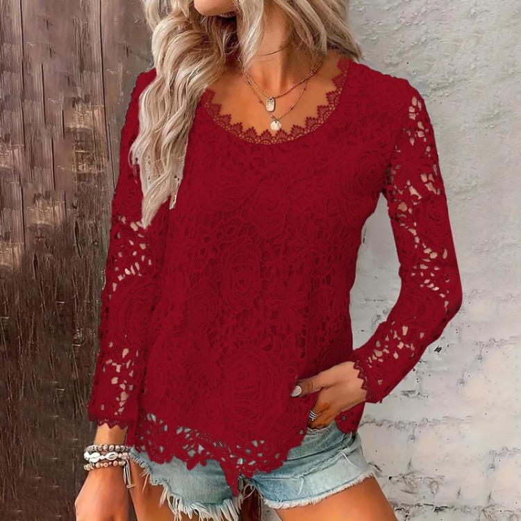 Square Neck Lace Long Sleeves Top Women Solid Fashion