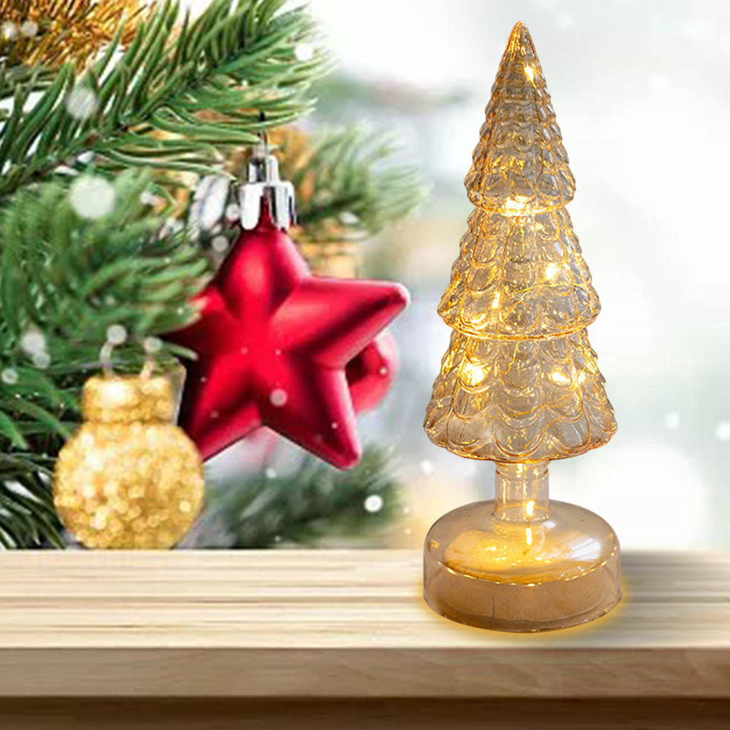 Artificial Glass Christmas Tree with LED Lights Battery (Not Included) Operated Figurine Small Glowing Lamp for Holiday Decor