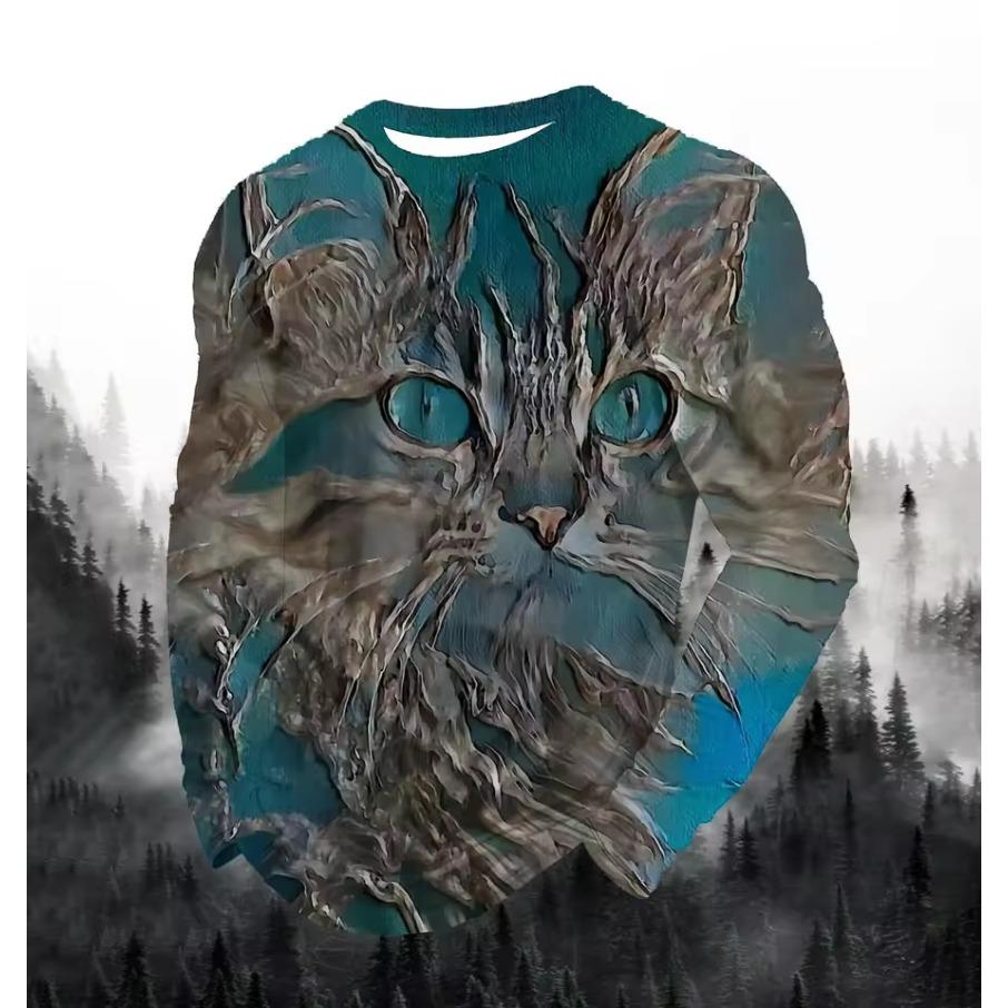 Lion Cat Fierce Animal Print Men's T-shirt Fashion Long Sleeve T-shirt Casual Round Neck Street Top Loose Pullover Autumn