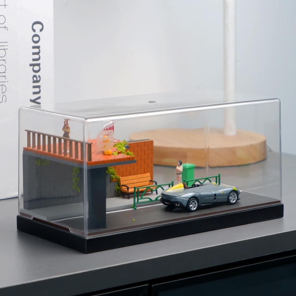 Shoucangjia Display Case for Hot and Matchbox Cars Scale Model Garage with Dust Street Fence Scene Diorama Parking Showcase Tomica, Wheels, 164