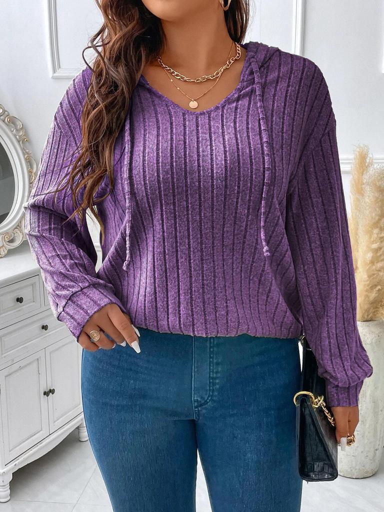 2026 Autumn/Winter V-Neck Plus Size Women's Hooded Ribbed Long Sleeve T-Shirt