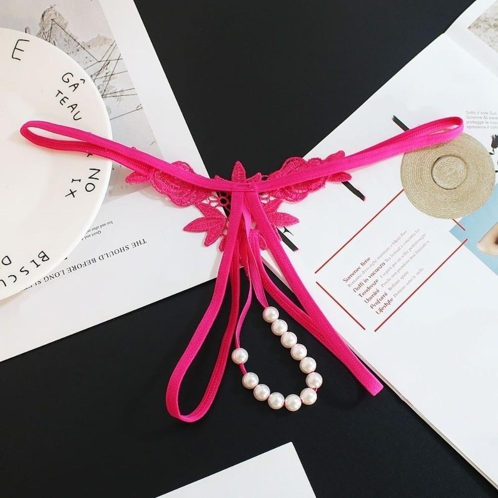 Hollow Open Crotch Lace Pearl Panties Low Waist Thin Belt Thong Valentine's Day Gift