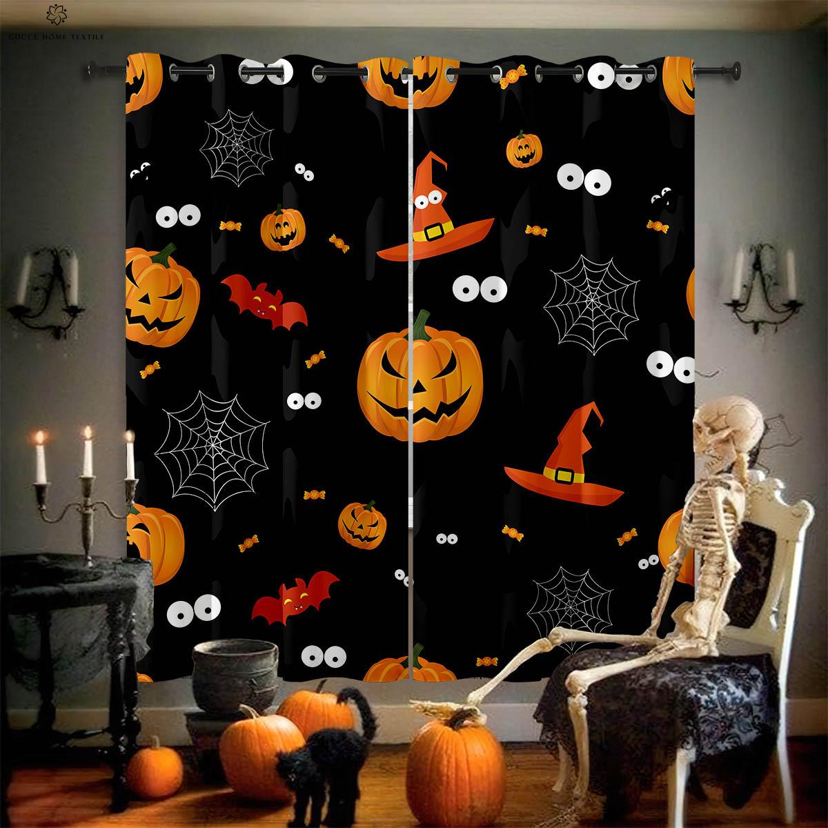

Шторы для украшения на Хэллоуин, привидение, тыква, ведьма, мультяшный принт, спальня, гостиная, праздничная вечеринка W50xH130(CM)x2PCS&Grommet Top