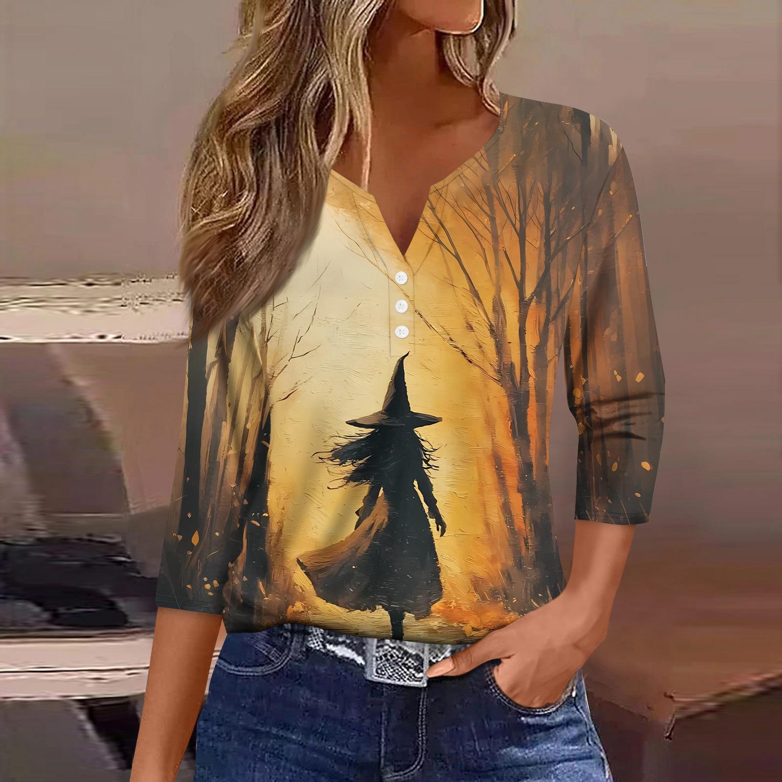 

Женская футболка с принтом на Хэллоуин, на пуговицах, рукав 3/4, повседневная мода на выходные, базовый топ с V-образным вырезом XL жёлтый