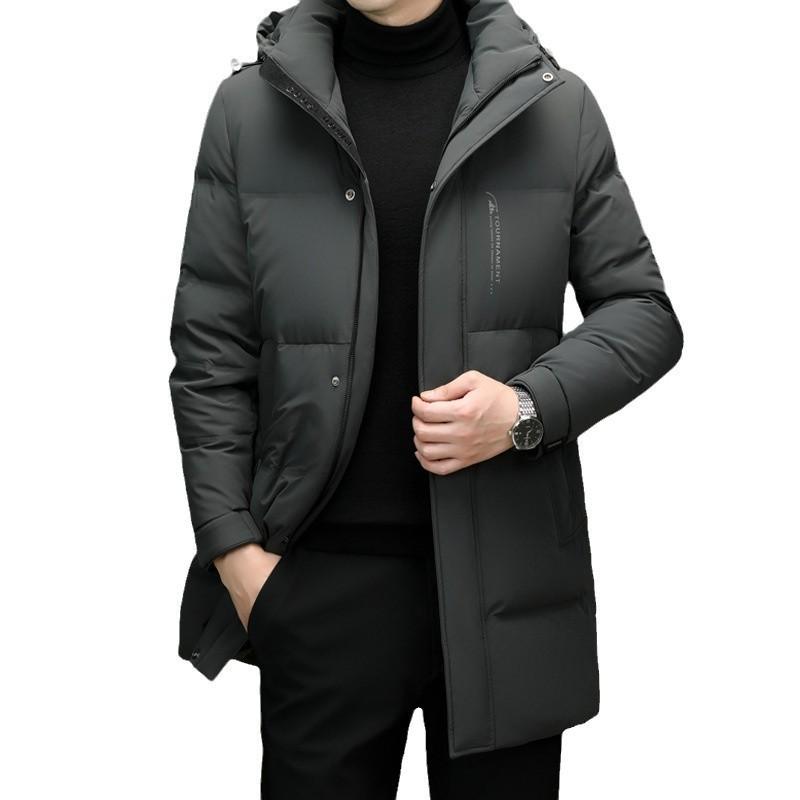 Mens Mid-Length Down Jacket Winter Warm Hooded Parka Business Casual 90% Duck 650 Fill Power