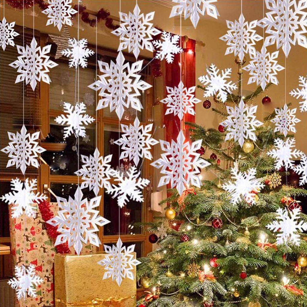 Décorations de Noël 12 petits flocons de neige 3D avec ficelle en carton et décoration à tirer