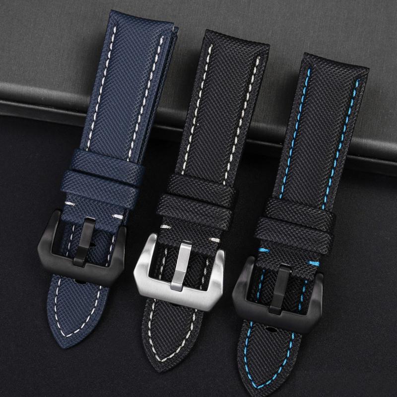 Klasyczny 24mm Pasek do Zegarka Pasujący do Panerai Luminor PAM01661 Czarny Niebieski Tkanina Nylonowa Płótno Pasek z Prawdziwej Skóry Klamra Szpilkowa