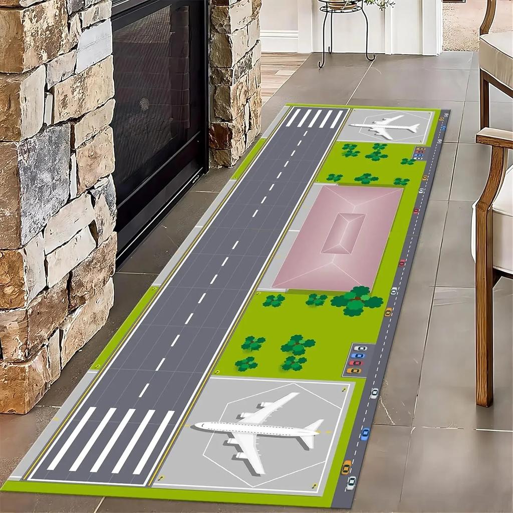 Airplane Runway Print Runner Rug, Non-Slip Black Airport Floor Mat for Kids Room, Hallway  Aviation Decor