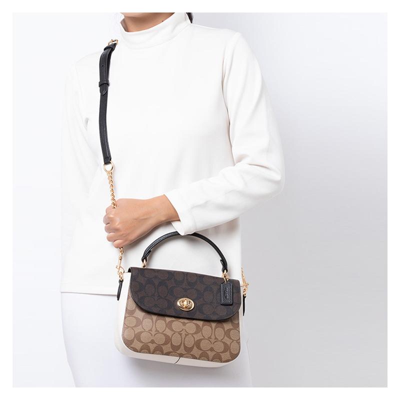 COACH handbag Marlie 24 Color-blocked Knob Flap Presbyopia Canvas with Leather Small Square Bag Cambridge Bag Hand Crossbody Bag Medium Women's Black