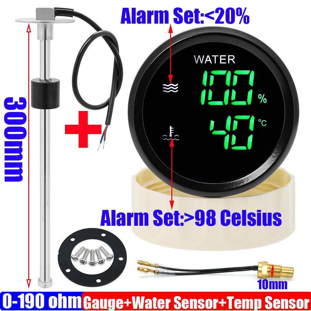 Digitales 2-in-1 Doppel-52mm Messgerät mit Alarm 0-190 OHM Wasserstandssensor für Wasserstandsanzeige + Wassertemperaturanzeige Auto Auto 12V24V benutzerdefiniert