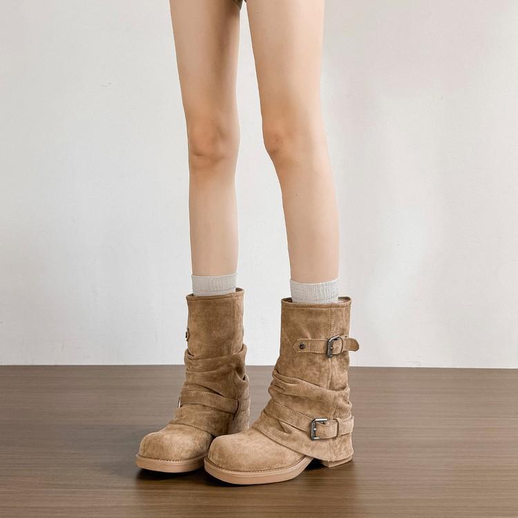 Soft leather version! Thick heel pleated pile booties women's autumn and winter Maillard vintage western trousers Martin boots