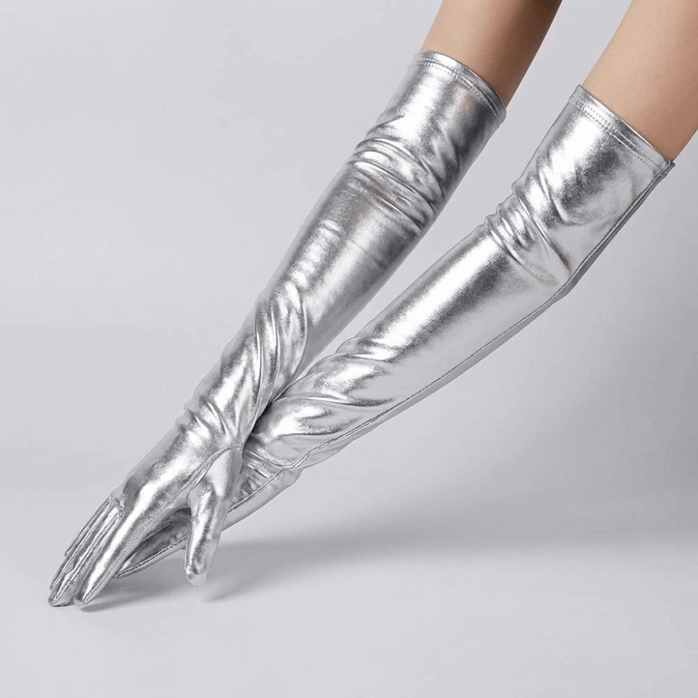 Hip Hop Patent Leather Gloves Solid Color Etiquette Mittens Shiny Long Gloves Girl