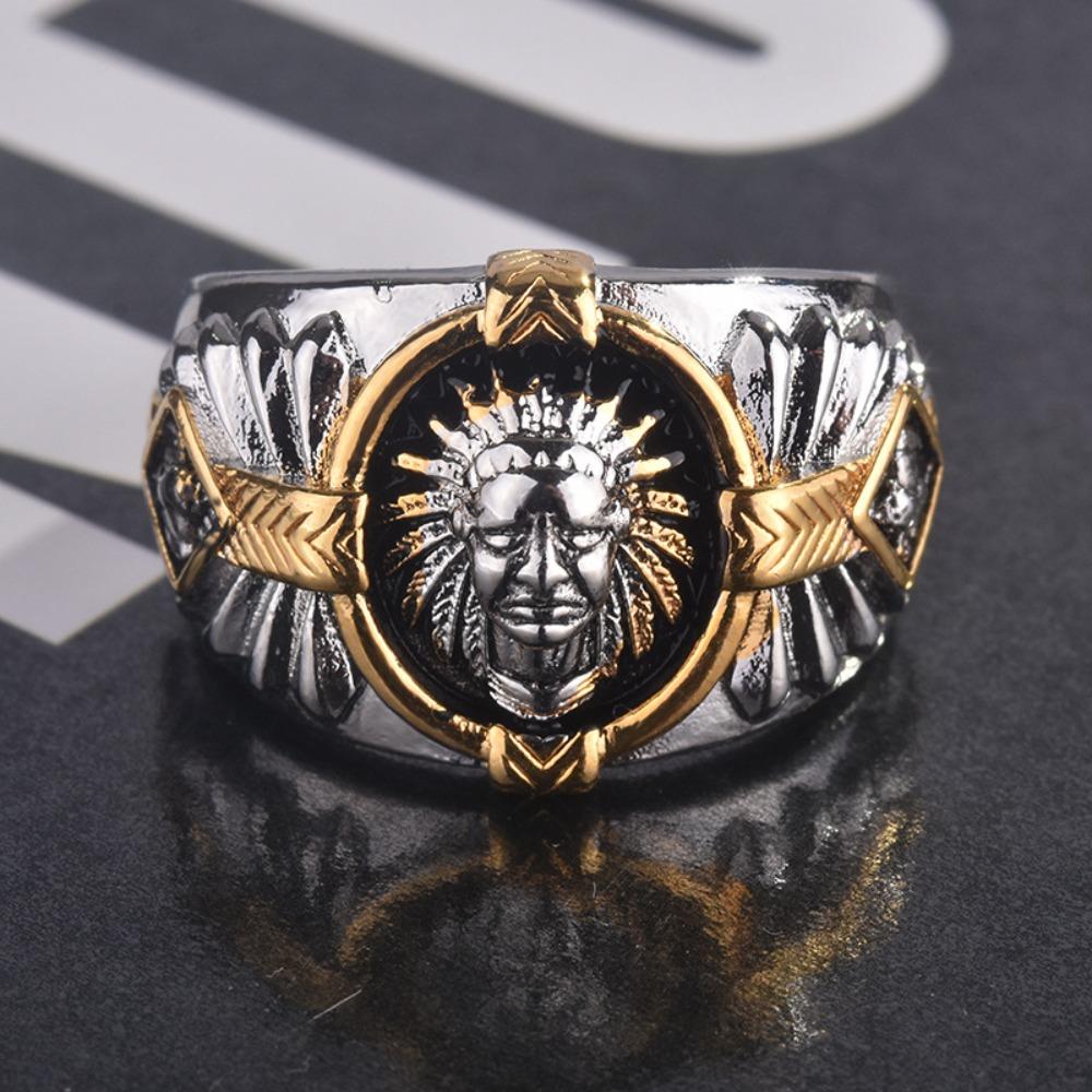 Viking Warrior Two Tone Ring Hip Hop Style with Indian Spirit Totem Black Resin Ring