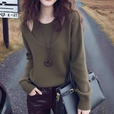 Korean Style Lazy Style Fake Two-piece Sweater Women's Autumn and Winter Casual Inner Top