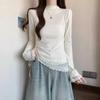 2026 Korean Style Lace High-Neck Long Sleeve T-shirt - Casual, Versatile Base Layer for Spring & Autumn