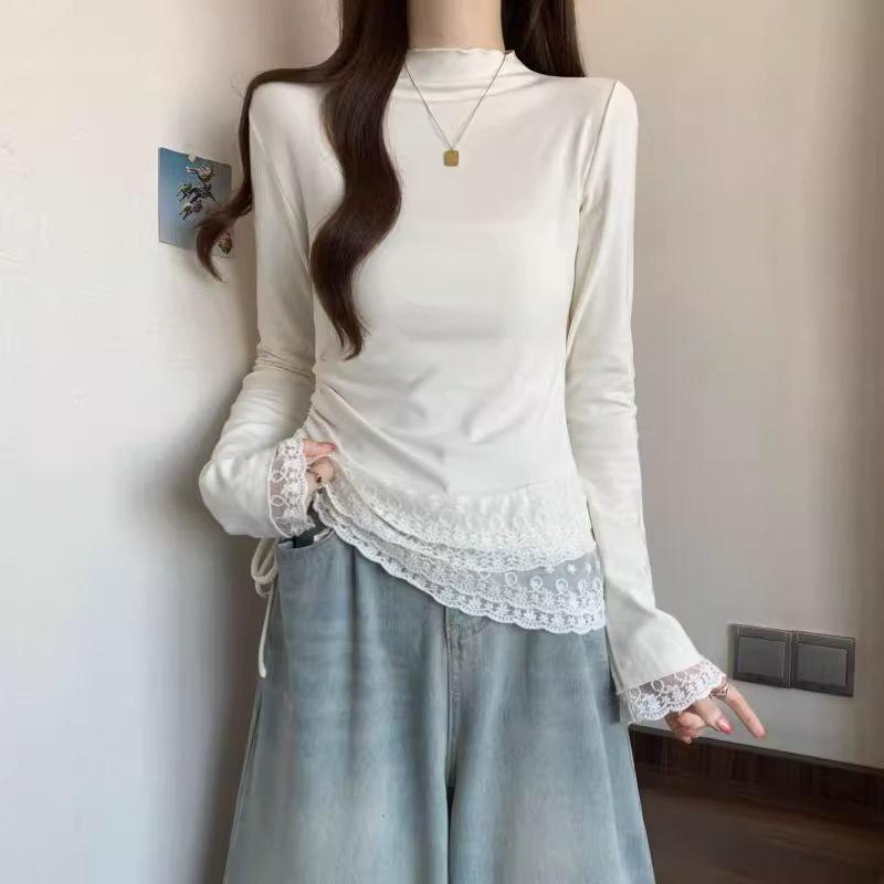 2026 Korean Style Lace High-Neck Long Sleeve T-shirt - Casual, Versatile Base Layer for Spring & Autumn