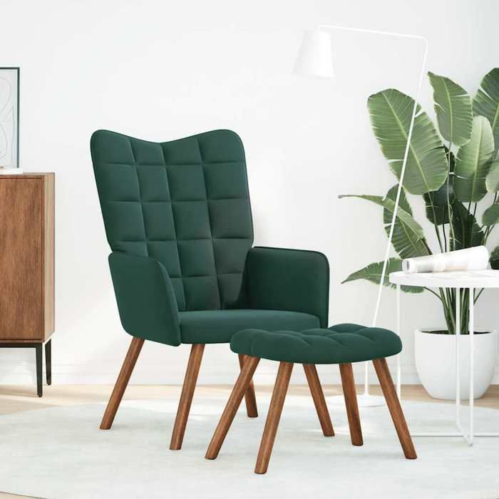 VidaXL Chaise de relaxation avec tabouret Vert foncé Velours, chaise, chaise de salon, fauteuil relax, chaise longue, siège 4016823