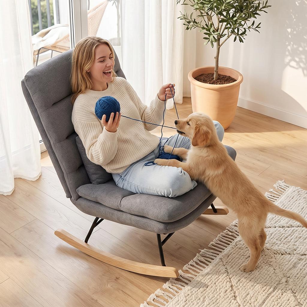 Rocking Chair, Linen Look, Lumbar Cushion, High Back, Wide Seat, Light Grey