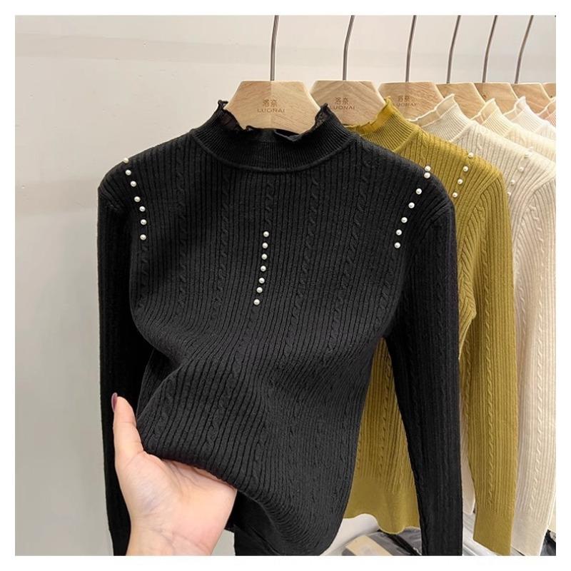 Autumn and winter new semi-turtleneck knitted bottoming shirt top women's twist pearl fashion slim and thin inner sweater