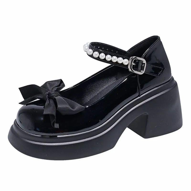 Mary Jane Shoes Women's Spring 2025 New Fashion High Heel Bow Platform Heel Pearl with Skirt Small Leather Shoes