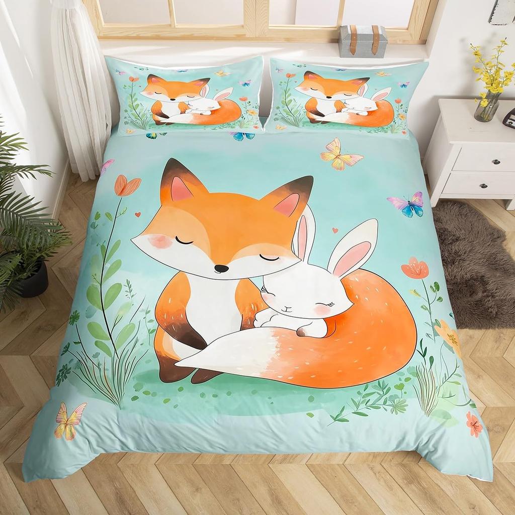 Kids Cartoon Fox Duvet Cover King Queen Orange Animal Bedding Set Girls Teens Bedroom Decor Comforter Cover with 2 Pillow Case