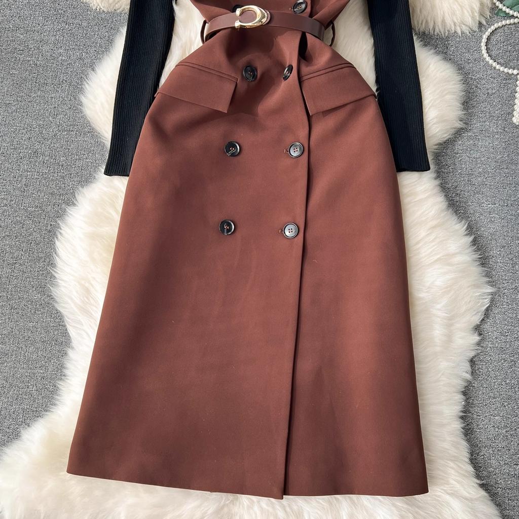 New 2024 Autumn Winter Black Knitted Sweater Tops Suits For Women Notched Collar Sleeveless Tank Double-Breasted Belt Dress Sets