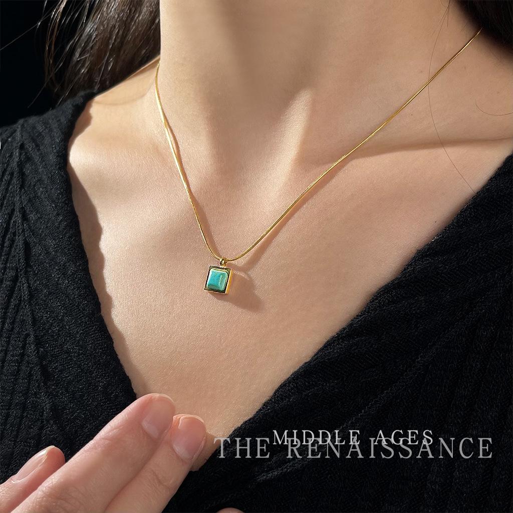 Легкое средневековое квадратное геометрическое ожерелье синтетический бирюзовый ключичный цепочка литературный кулон